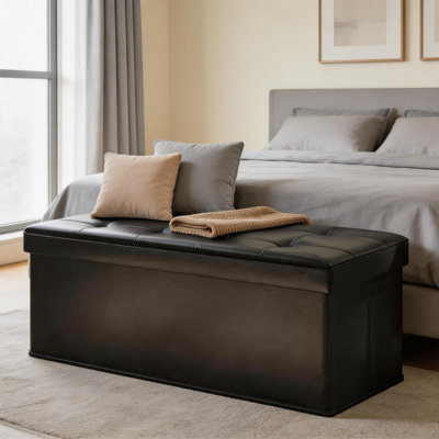Grand repose-pieds de rangement pliable en cuir noir avec poches latérales, pour l'entrée et le salon
