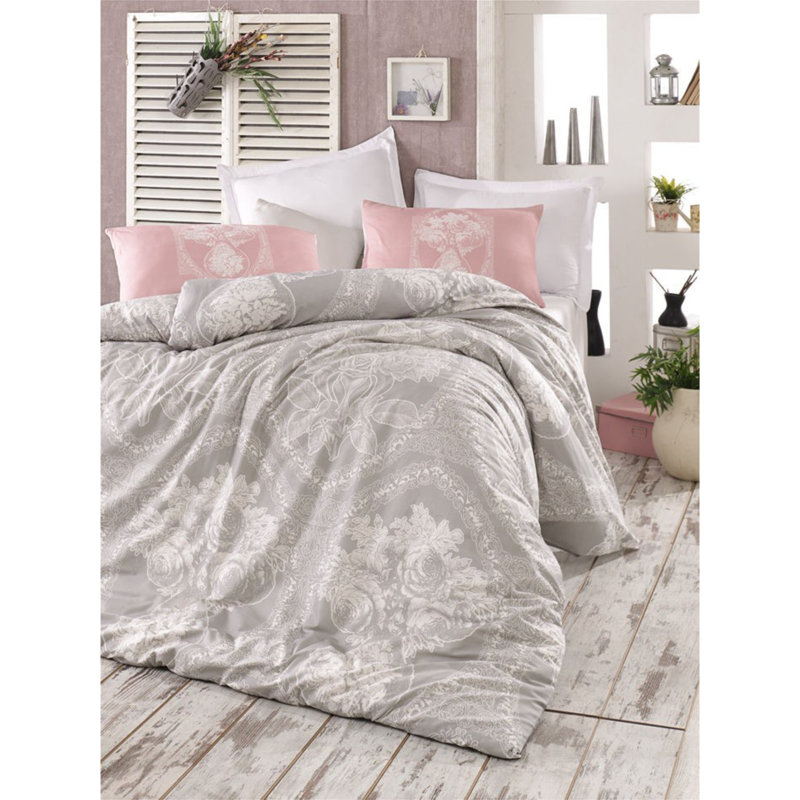 Ensemble de housse de couette 100% coton rose Adebowale, Gris, Housse de couette très grand + 2 taies d'oreiller