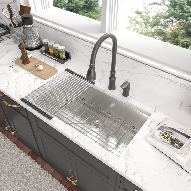 30" L x 18" W Undermount Kitchen Sink Single Bowl Stainless Steel Kitchen Sink with Sink Grid, Silver