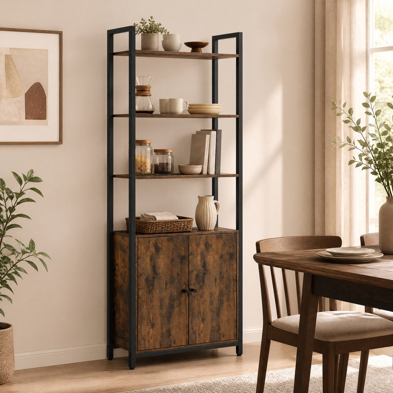 Adyaan 60 cm W Steel Etagere Bookcase, Rustic Brown/Ink Black