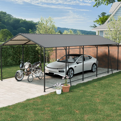 Abri de voiture robuste en métal 13 x 26,5 avec toit et cadre en acier galvanisé, grand garage extérieur avec 4 supports de tubes carrés inclinés fixes pour voitures, camions