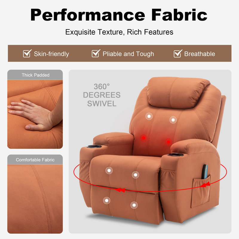 Orange Microfiber Swivel Recliner with Massage and Heat