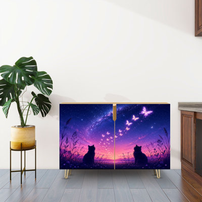 Sideboard Buffet Cabinet with Storage Silhouette Cats Under Starry Night Sky Butterflies Lavender Field with 2 Doors for Living Room and Kitchen