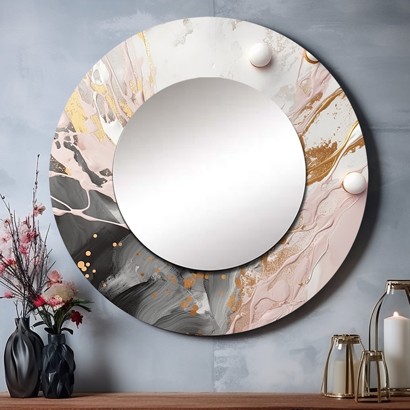 Marbre mystérieux opposé gris et rose d'Oppen, miroir mural rond unique moderne, art imprimé en métal, 29 po x 29 po