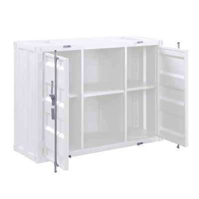 Desserte blanche avec tablettes ouvertes et 2 armoires
