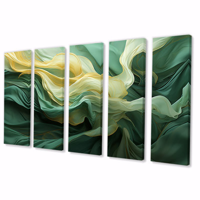 «Green and Yellow Harmonious Chaos I - Abstract Collages», art mural 5 pièces pour le salon