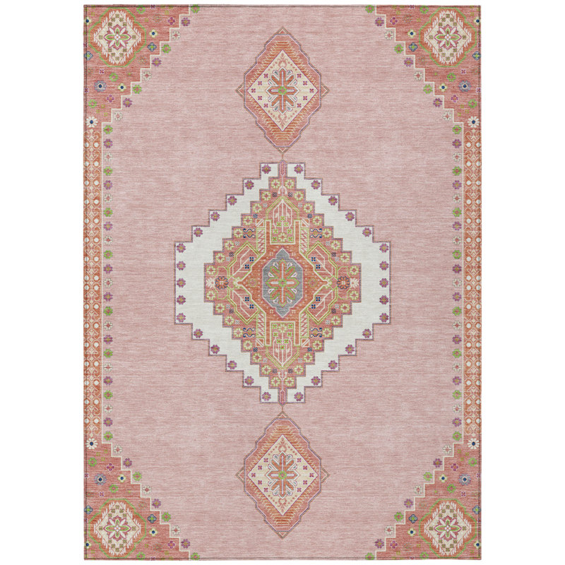 Tapis d'intérieur lavable oriental rose, vert et ivoire 5 pi x 8 pi