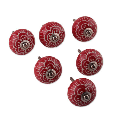Novica Handmade Bouquet In Red Hand-Painted Ceramic Knobs (Set Of 6)
