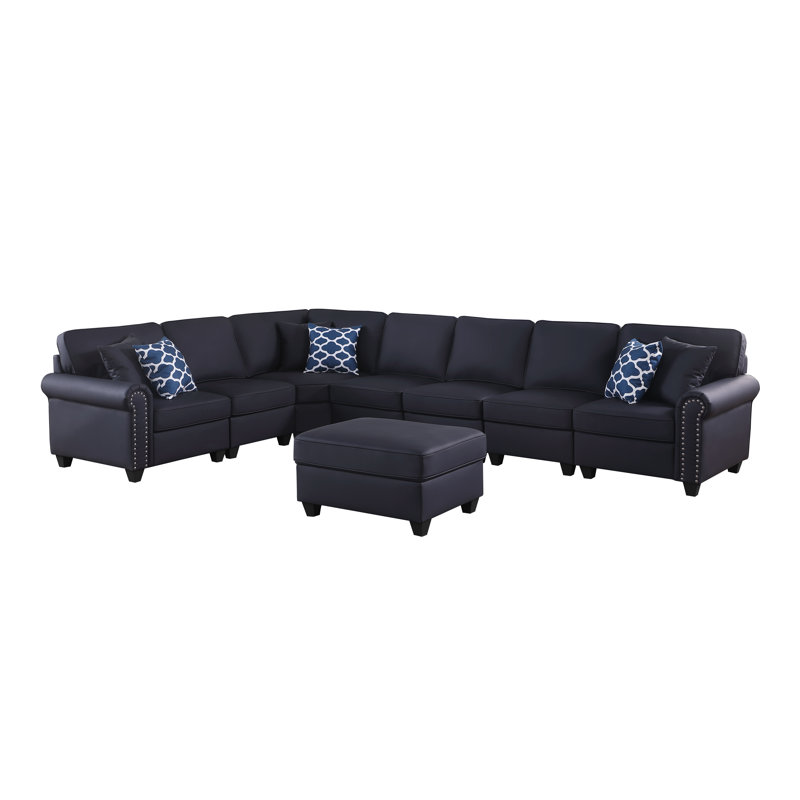 Bouke Artificial Leather Modular Sectional With Ottoman, Black Faux Leather