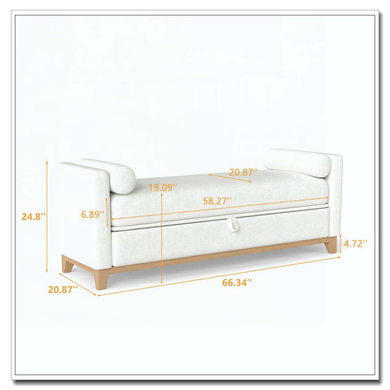 Banc rembourré en bois massif, Beige+Natural, 66 Inch+Storage