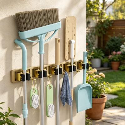 Wall Mount Broom Holder And Mop Organizer With Adjustable Racks And Hooks For Garage, Kitchen, And Utility Room Storage