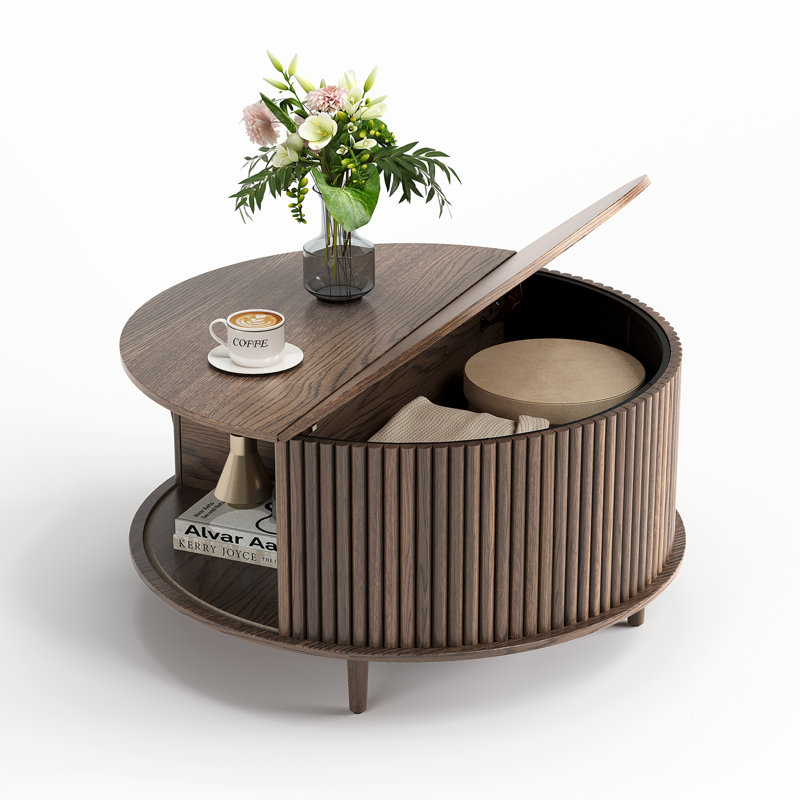Table basse ronde ronde avec rangement, table basse cylindrique cannelée en noyer de 31,5 po avec porte coulissante, table de centre de cercle Mid-Century moderne pour le salon