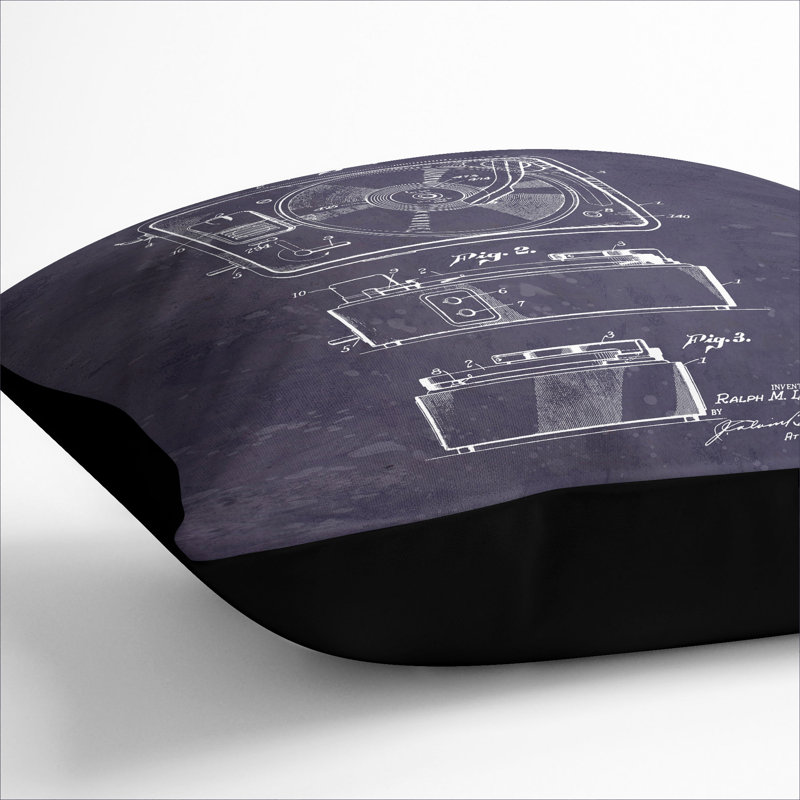 Record Player Patent Square Throw Cushion, Black, 40cm H x 40cm W x 15cm D