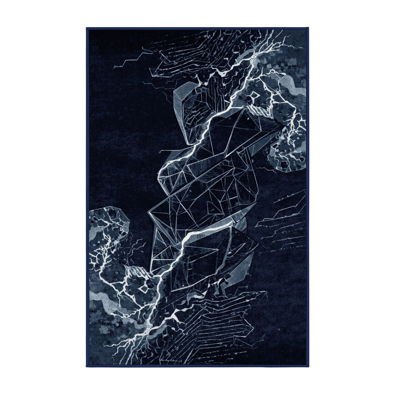Tapis bleu moelleux doux à motif géométrique Faune douce et bleu marine, 7 x 9