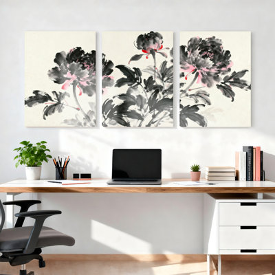 Pivoine florale à l'encre lavée sur toile tendue, reproduction d'art sur toile, ensemble de 3 pour le décor de chambre à coucher