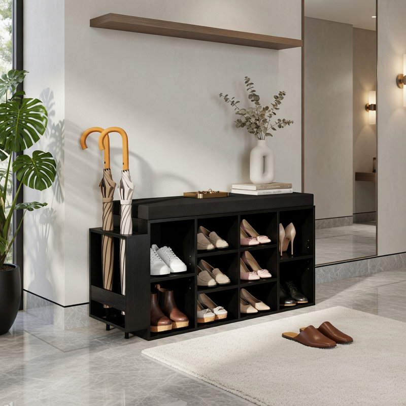 Banc de rangement à 10 casiers pour chaussures avec porte-parapluie - Rangement pour vestibule brun rustique et noir, sièges rembourrés, tablettes réglables pour le couloir, le vestibule ou le salon