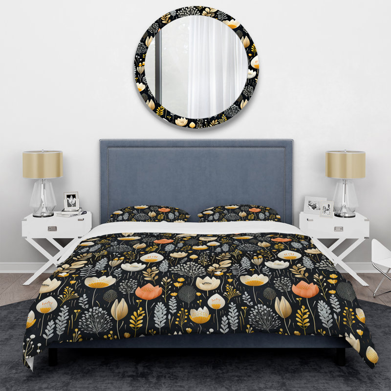 Meadow Yellow And Black Floral Pattern I - Ensemble de housse de couette à motif floral
