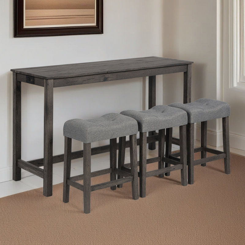 Ensemble de table de bar 4 pièces avec prise de courant, ensemble de table de bar avec chaises, table de bar avec tabourets, table de canapé avec 3 tabourets rembourrés, pour le salon, la salle à manger