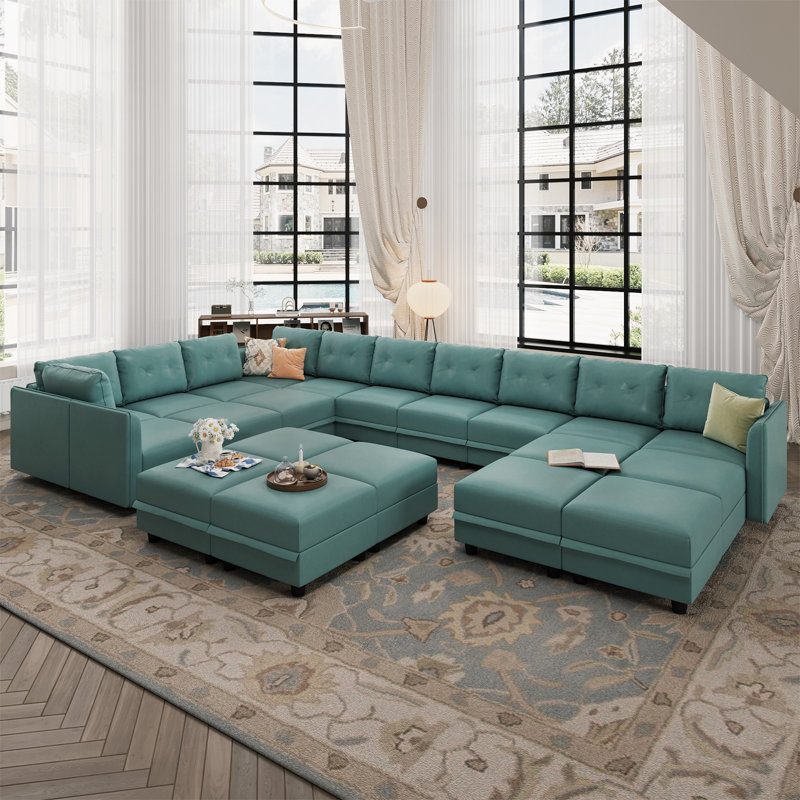 Zendajas Upholstered U-Shaped Sectional Reversible, Teal Green Faux Leather