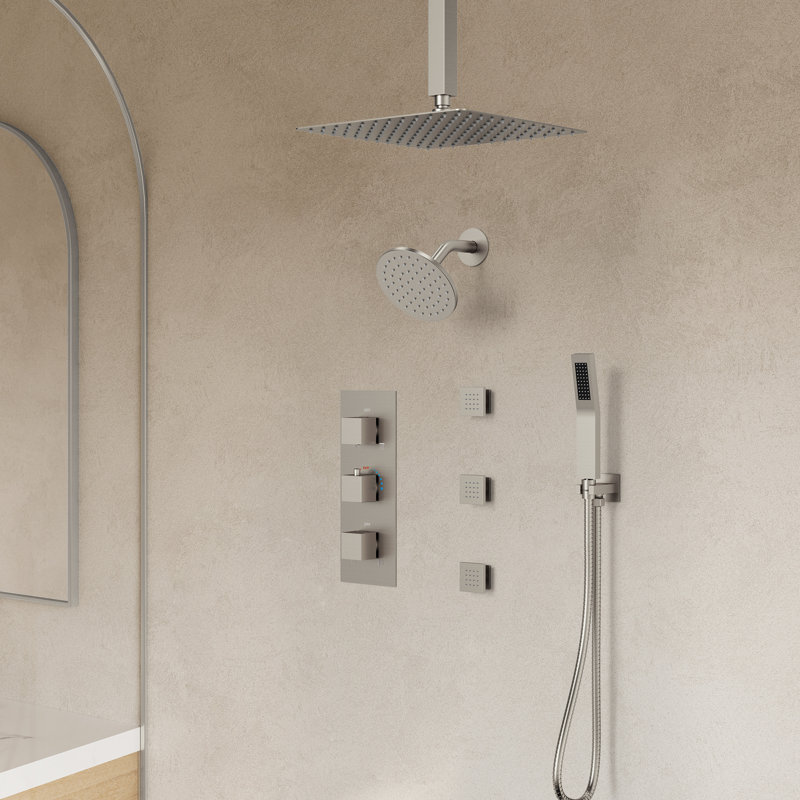 Système de pomme de douche thermostatique double, robinet de douche à pluie haute pression 12 "avec douchette à fixation au plafond