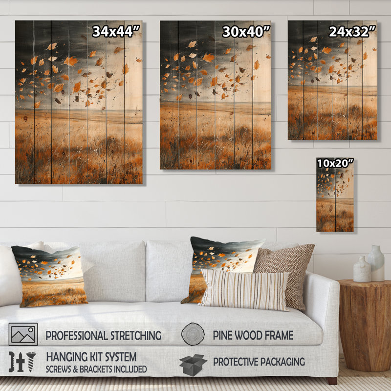 Windy Prairie Leaves III - Meadow Wood Wall Decor - On Natural Pine Wood, 44" H x 34" W x 0.78" D