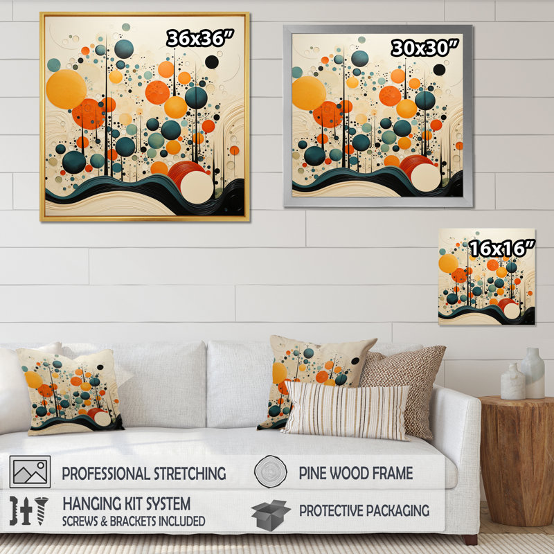 Orange orange Mid Century Organic Harmony II - art abstrait Mid-Century, H 16 po x l 16 po x P 1 po, Cadre flottant doré