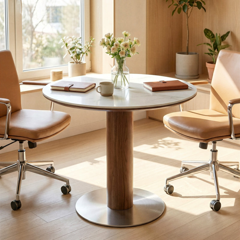 Table de conférence ronde de 31,5 po, petite table de réunion, plateau de table en pierre frittée et base en bois massif et acier inoxydable