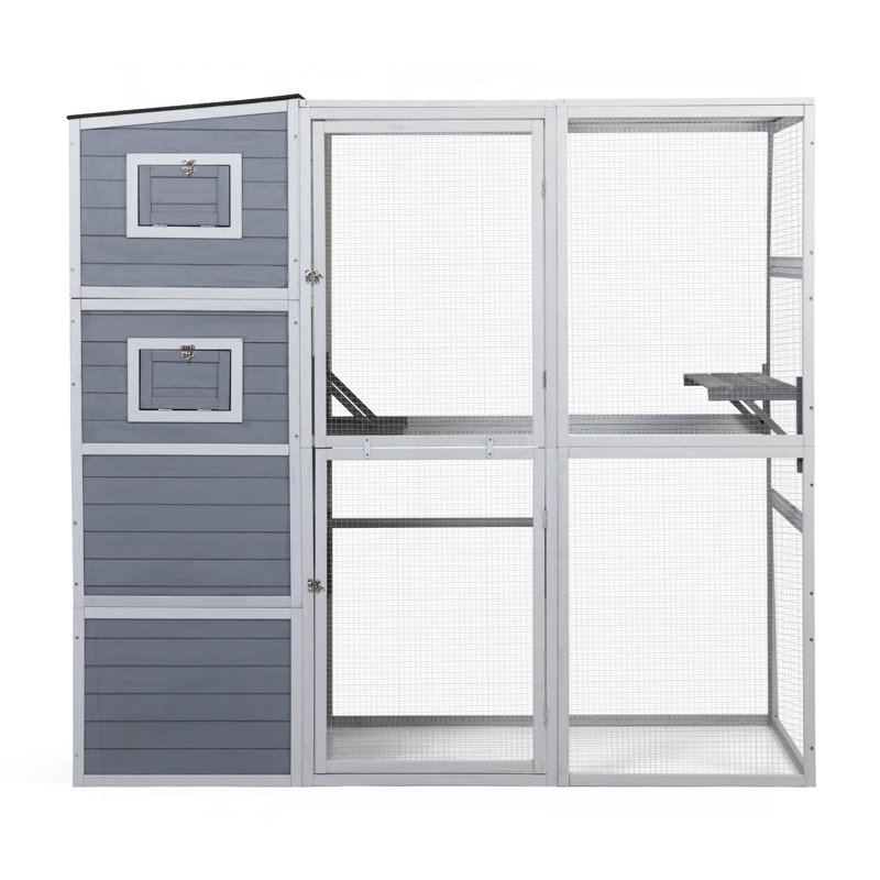 Grande clôture pour chat en bois avec toit et plateformes imperméables, gris