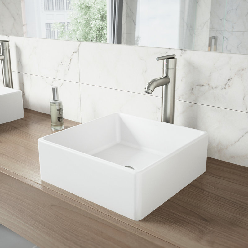 VIGO Dianthus Handmade Matte Stone Square Vessel Bathroom Sink in Matte White VIGO Dianthus Handmade Matte Stone Square Vessel Bathroom Sink in Matte White