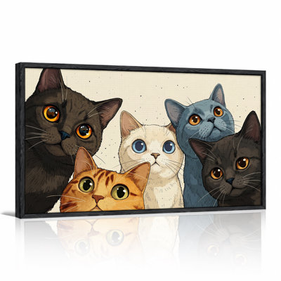Five Multi Colored Cats With Big Eyes On Speckled Canvas Wall Art