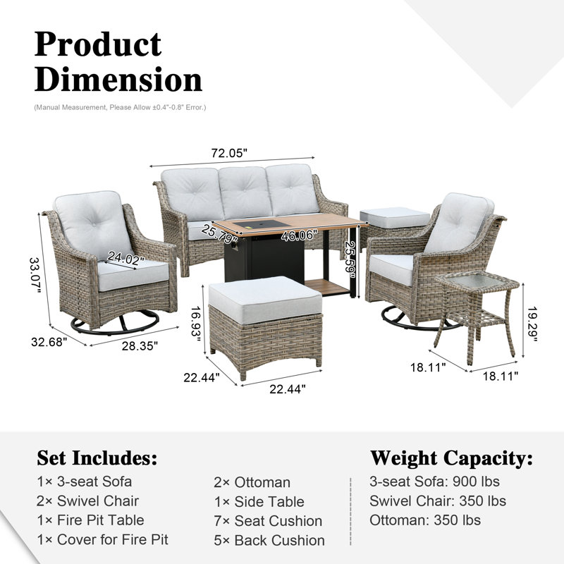 7 - Person Outdoor Seating Group With Cushions And Fire Pit, Light Gray