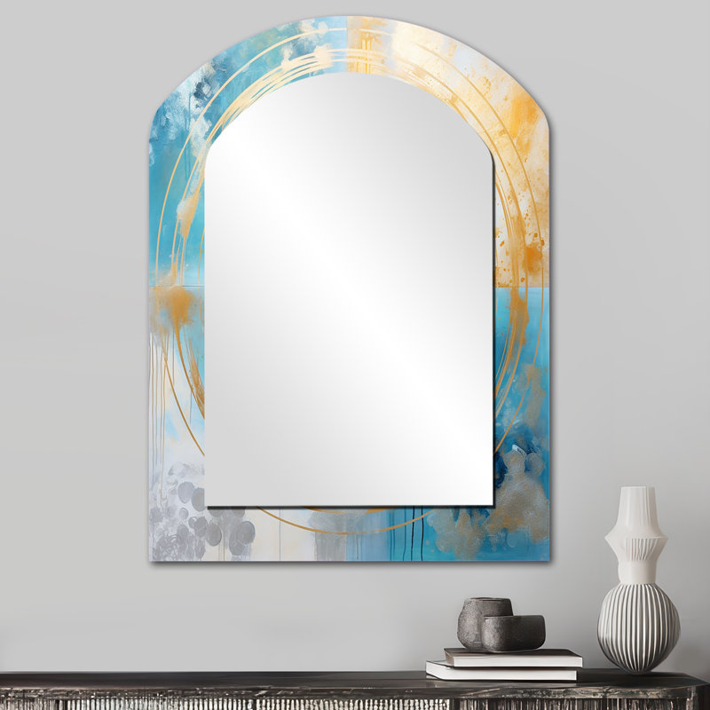 Divine Mandala Delicate Gold Gentle Turquoise - Boho Mandala Asymmetrical Unique Wall Mirror, Traditional Arch Mirror, Printed Metal Art