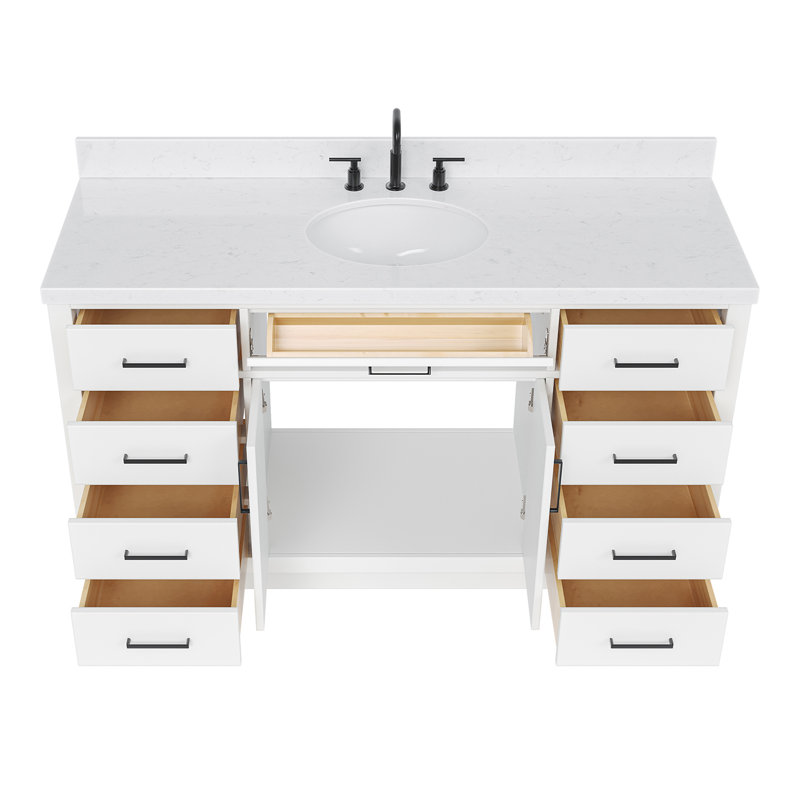 Thornaby Solid Wood Single Bathroom Vanity with 1.5'' Carrara Quartz Top, White, Oval