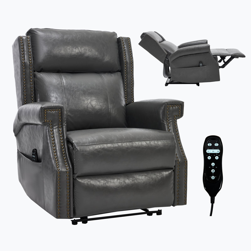 Grey Manual Recliner Chair in Faux Leather for Living Room with Heavy Duty Motion Mechanism, 8 vibrating nodes and 3 massage modes.
