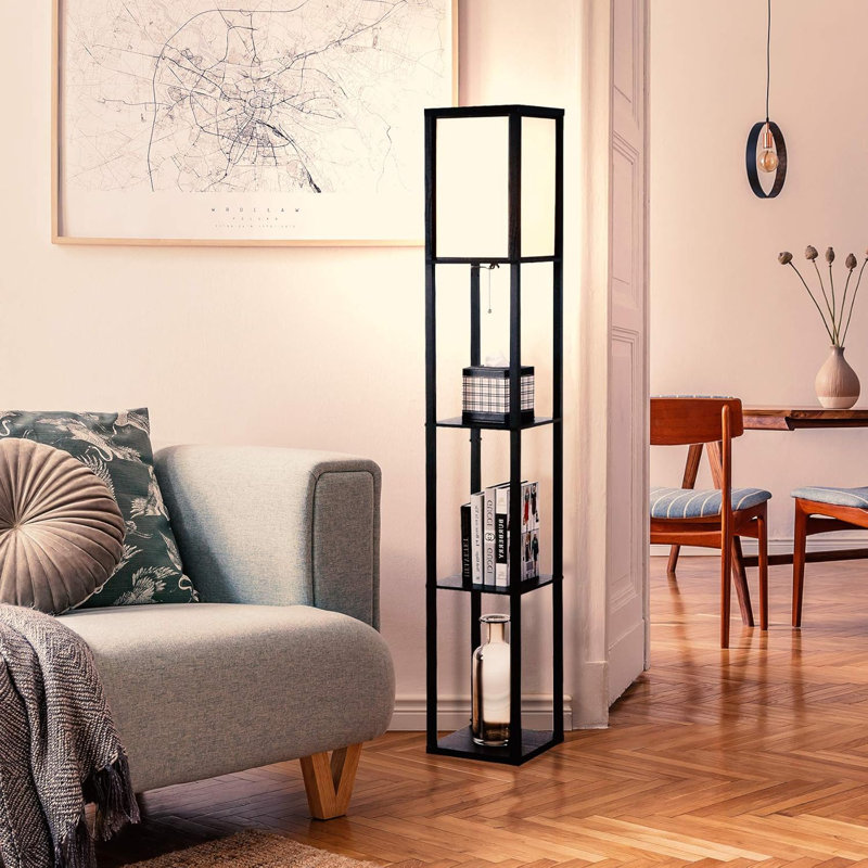 Modern Floor Lamp With Shelves - Solid Wood, Linen Shade, 3 Color Temperatures, Built-In Storage, Black