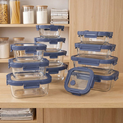 12 Pack Glass Food Storage Containers With Tempered Lids, Borosilicate, Oven Safe, Airtight, Multi Size, Blue
