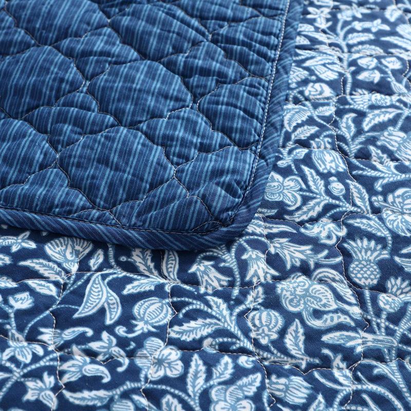 Laura Ashley Stripe Perfection Cotton Reversible Quilt Set, Blue Floral, Twin Quilt + 1 Standard Sham