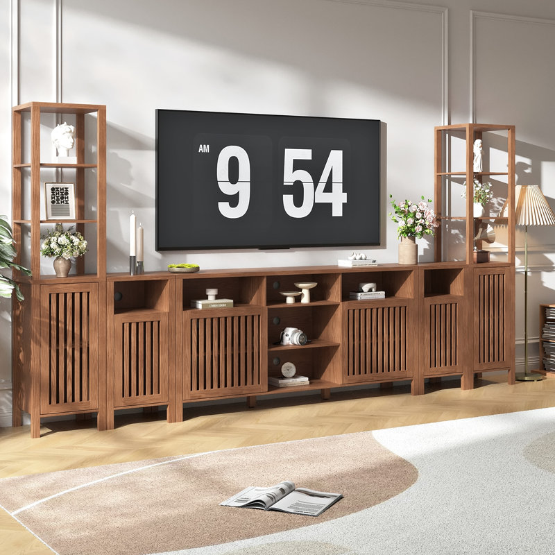 Farmhouse Tv Stand For 100 Inch Tvs, Entertainment Center With Bookshelves - 6 Door Media Console With Adjustable Shelves, Storage Cabinet For Living Room Bedroom Home Theater, Rustic Brown