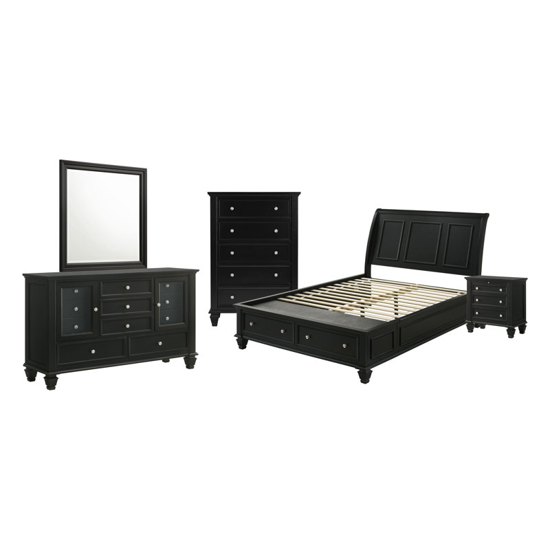 Ensemble de chambre à coucher Beach Eastern, Grand lit, Noir, 5 pièces: lit, table de chevet, commode, miroir, 