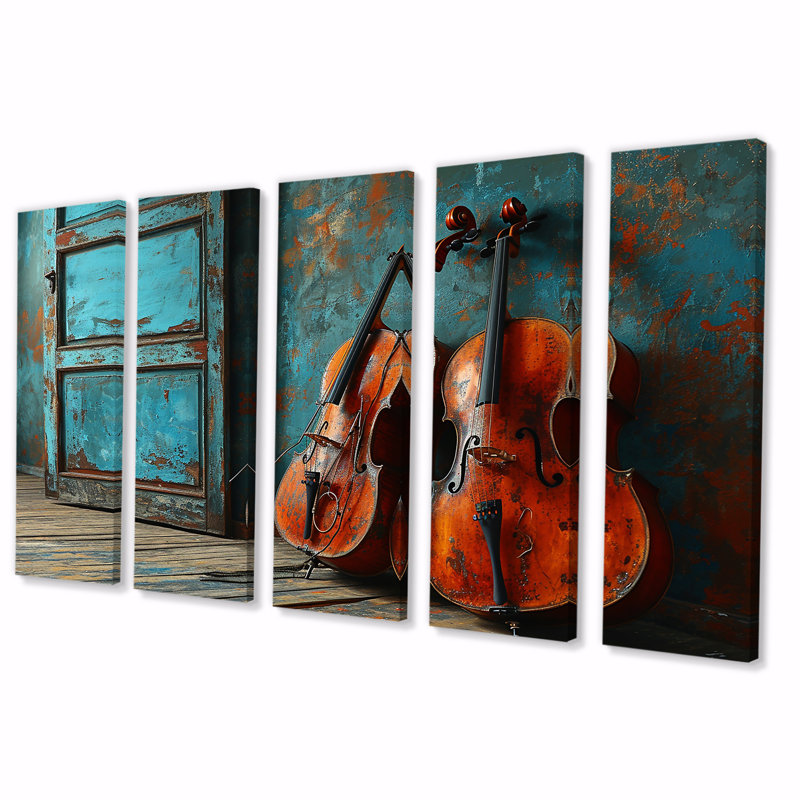 Deux violons dans une chambre bleue sarcelle rustique - musique, art mural 5 pièces, H 32 po x l 80 po