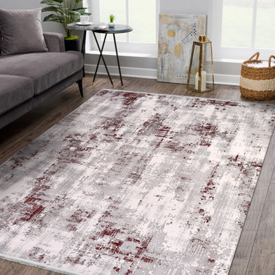 Tapis moderne / abstrait beige lavable à la machine antidérapant