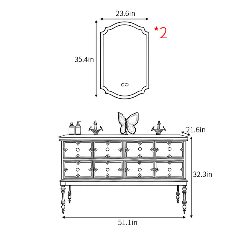Armoire de salle de bain rétro française, H 32,3 po x l 51,1 po x P 21,6 po