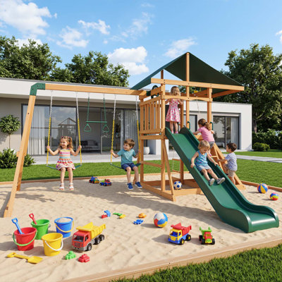Portique de jeu en bois avec toit, 2 balançoires à sangle, trapèze, glissade ondulée, mur d'escalade, barres de singe et télescope, aire de jeux pour enfants dans le jardin