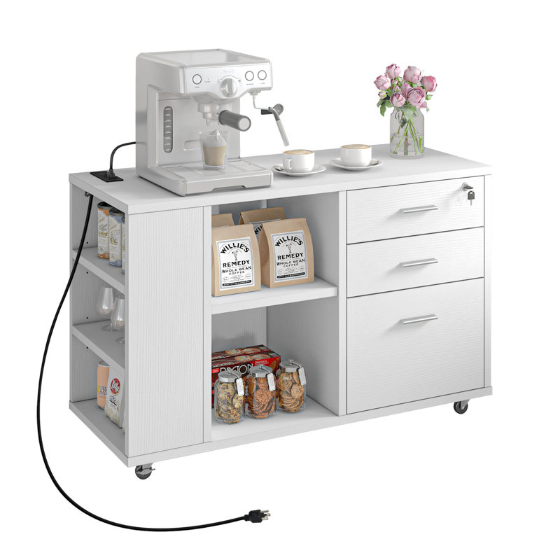 Ardeha 39" W 3-Tiers Wood Storage File Cabinet with 3 Drawers &3 Side Storage Shelve &Built-In Outlet, White