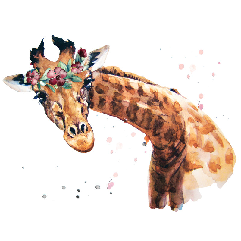 Flower Crown Giraffe - Painting Print, 30cm H x 46cm W, Black Floater Framed