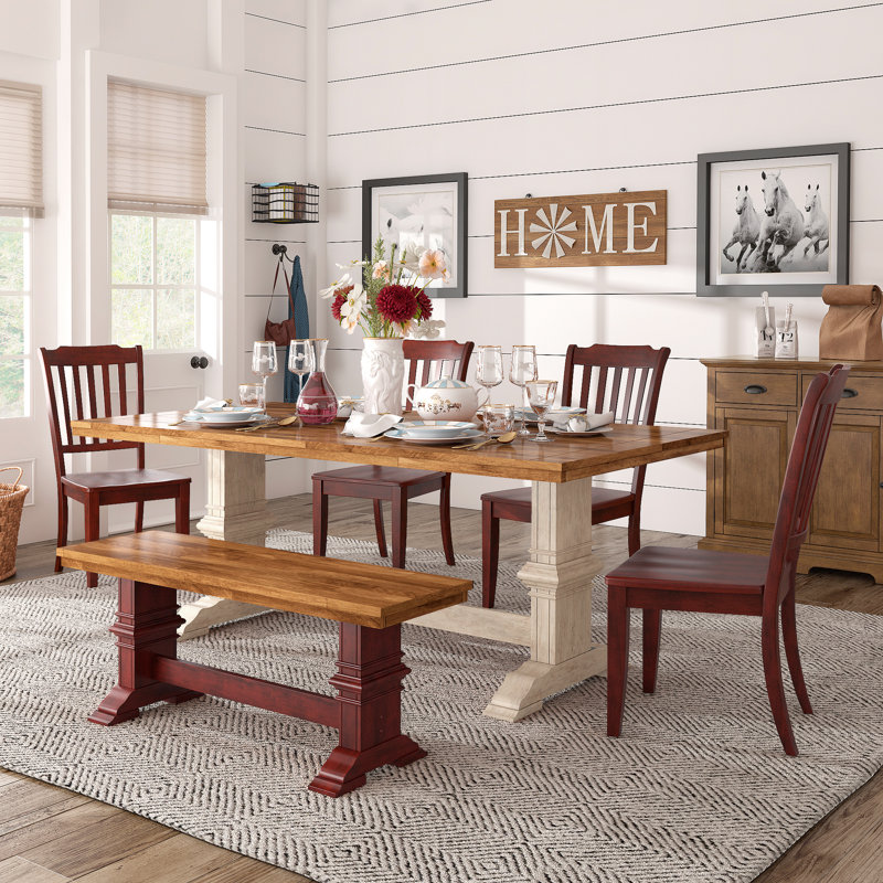 Ensemble de salle à manger Sloan 78 po en bois massif fini chêne avec chaises à dossier à fuseaux - 6 pièces, table à piètement blanc antique, chaises à piètement rouge antique et banc
