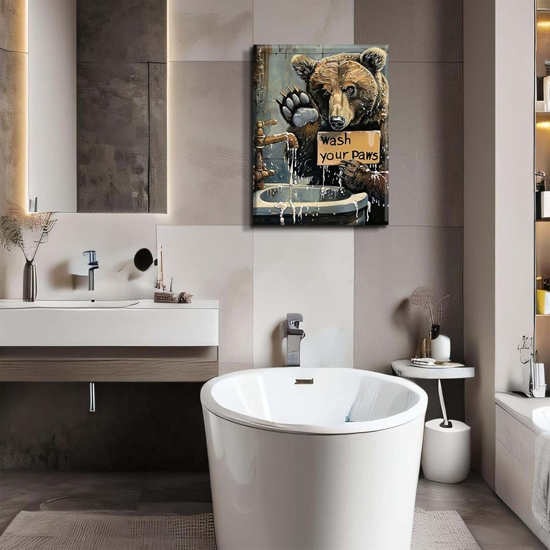 Bathroom Bear Wall Art Funny Animal Wall Decor Wash Your Paws Drawing Picture Rustic Style Poster Print Ideal Gift for Animal Lovers Suitable for Livi