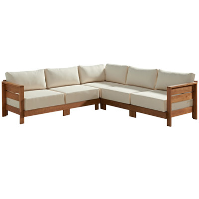 Pomona 102" L-Shaped Outdoor Solid Wood Patio Sectional with Cream Weather and Fade Resistant Cushions by Wade Logan