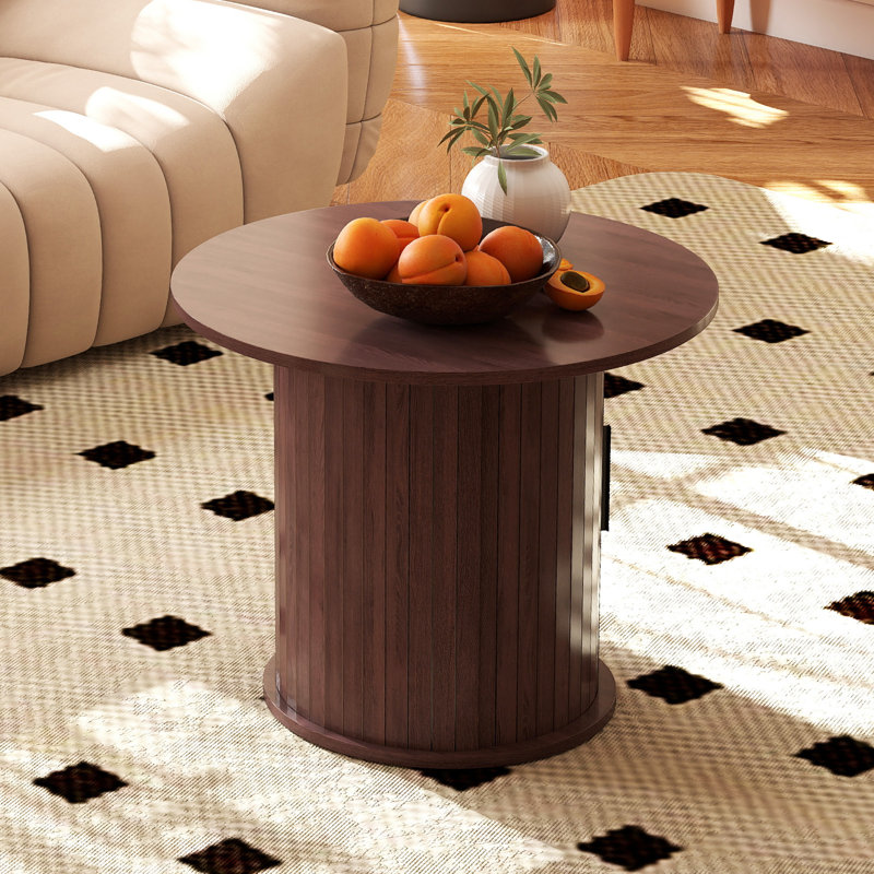 Wooden Round Coffee Table With Hidden Storage, Circle Farmhouse Side Table With Sliding Door, Walnut