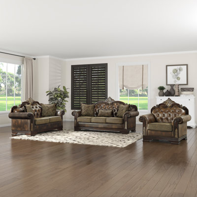 Vega Traditional Faux Leather & Microfiber 3-Piece Living Room Set with Button Tufting, Nailhead Trim & Reversible Seat Cushions